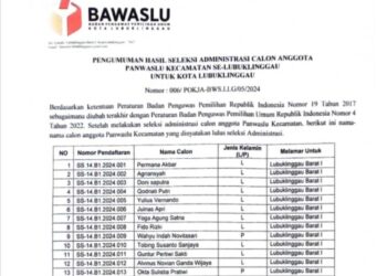 Hasil Pengumuman Administrasi Anggota Panwascam Kota Lubuklinggau